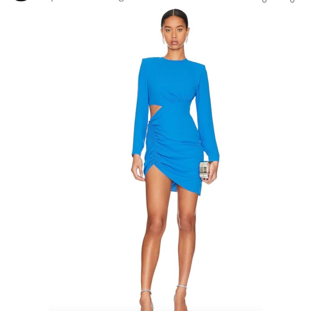 EUC Amanda Uprichard Abena Blue Long Sleeve Cut Out Dress with Ruched Side